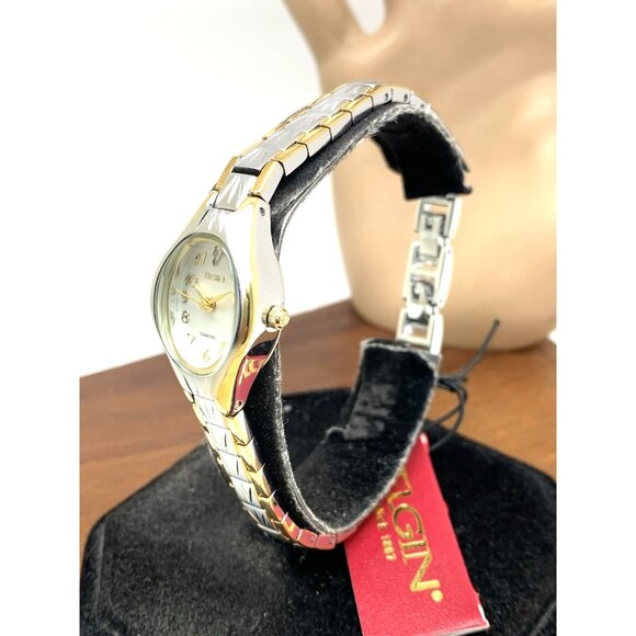 Elgin Women's Watch EG8076 Silver Tone Dial Two Tone Stainless Steel Petite Oval - Picture 2 of 13